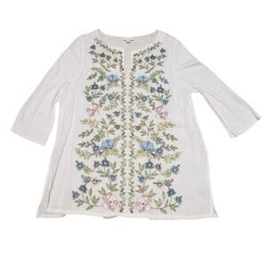 J.Jill Embroidered Linen Tunic Top – Floral, White – Petite Large
